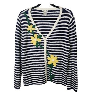 Orvis Striped Cardigan Sweater Floral Applique Button Front Cozy Knit M Women
